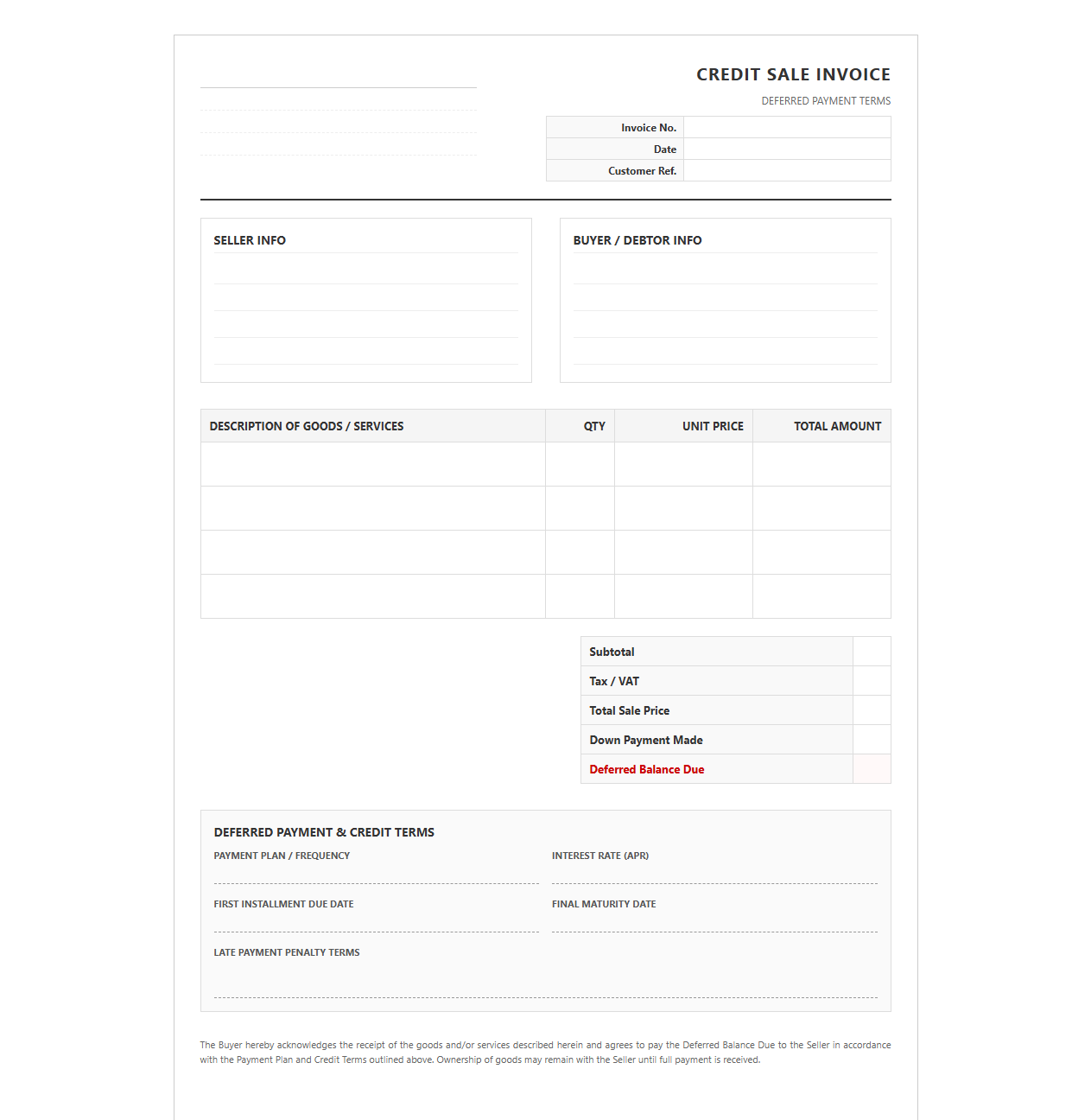 Deferred Payment Credit Sale Invoice