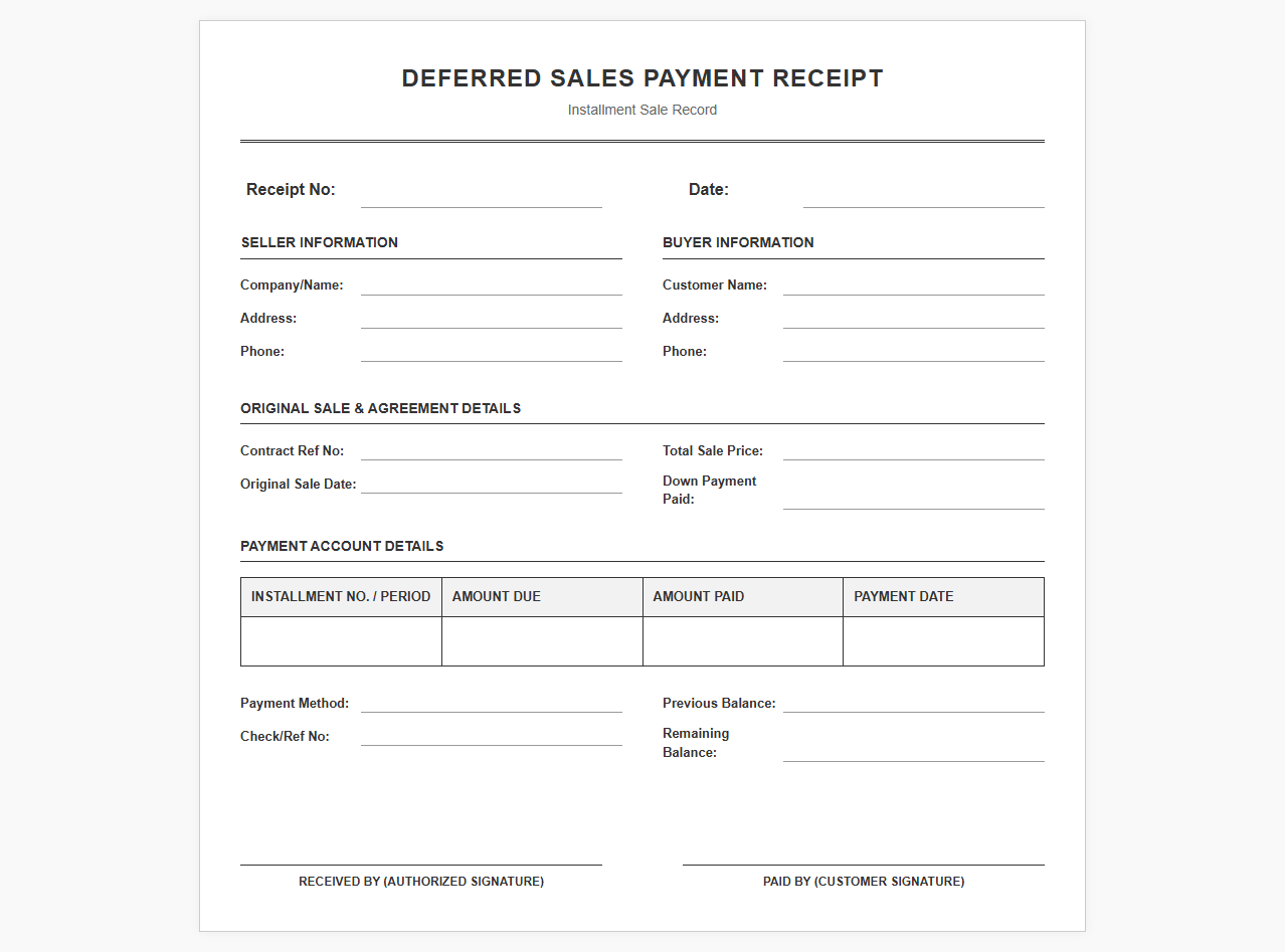 Deferred Sales Payment Receipt