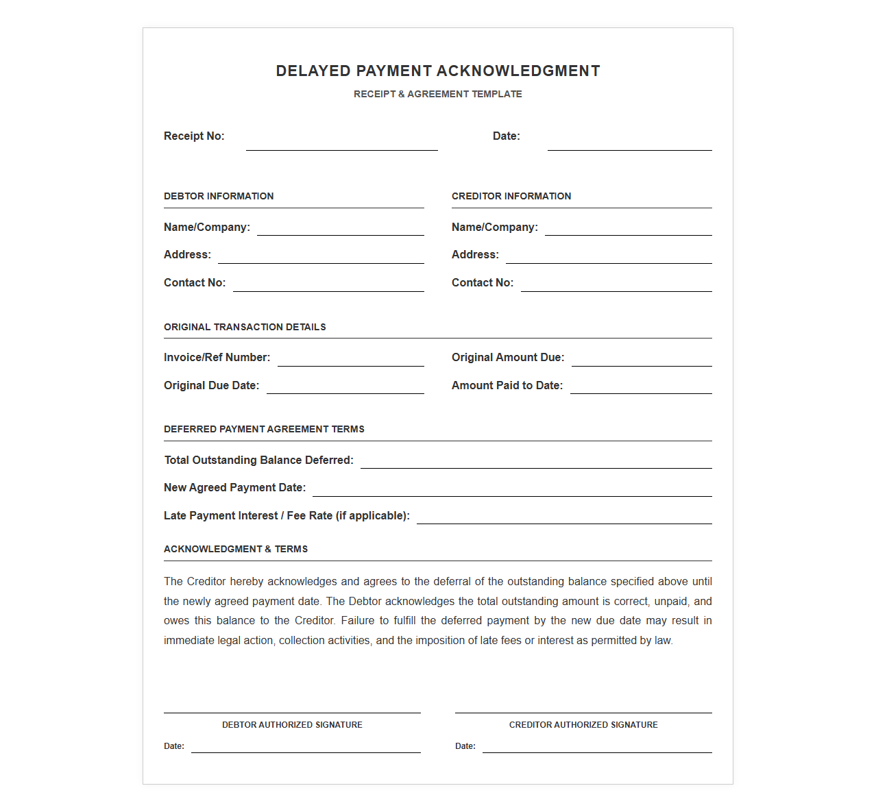 Delayed Payment Acknowledgment Receipt Form