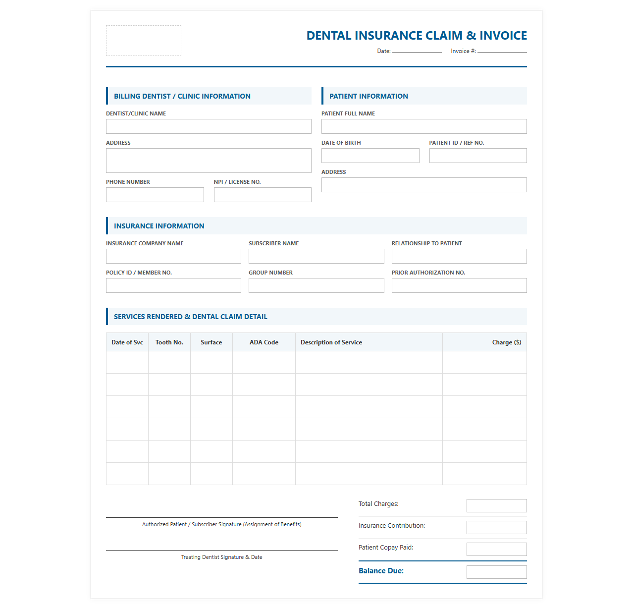 Dental Insurance Claim and Invoice Sheet