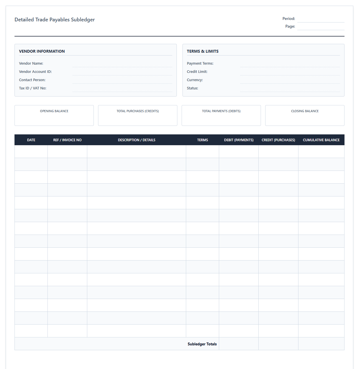 Detailed Trade Payables Subledger Template