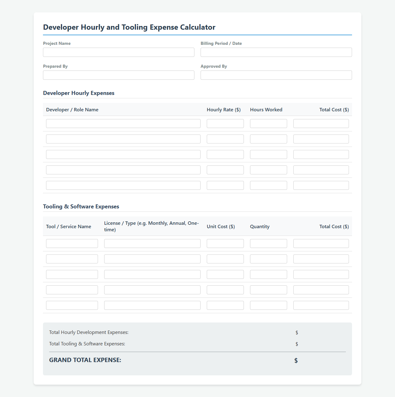Developer Hourly and Tooling Expense Calculator