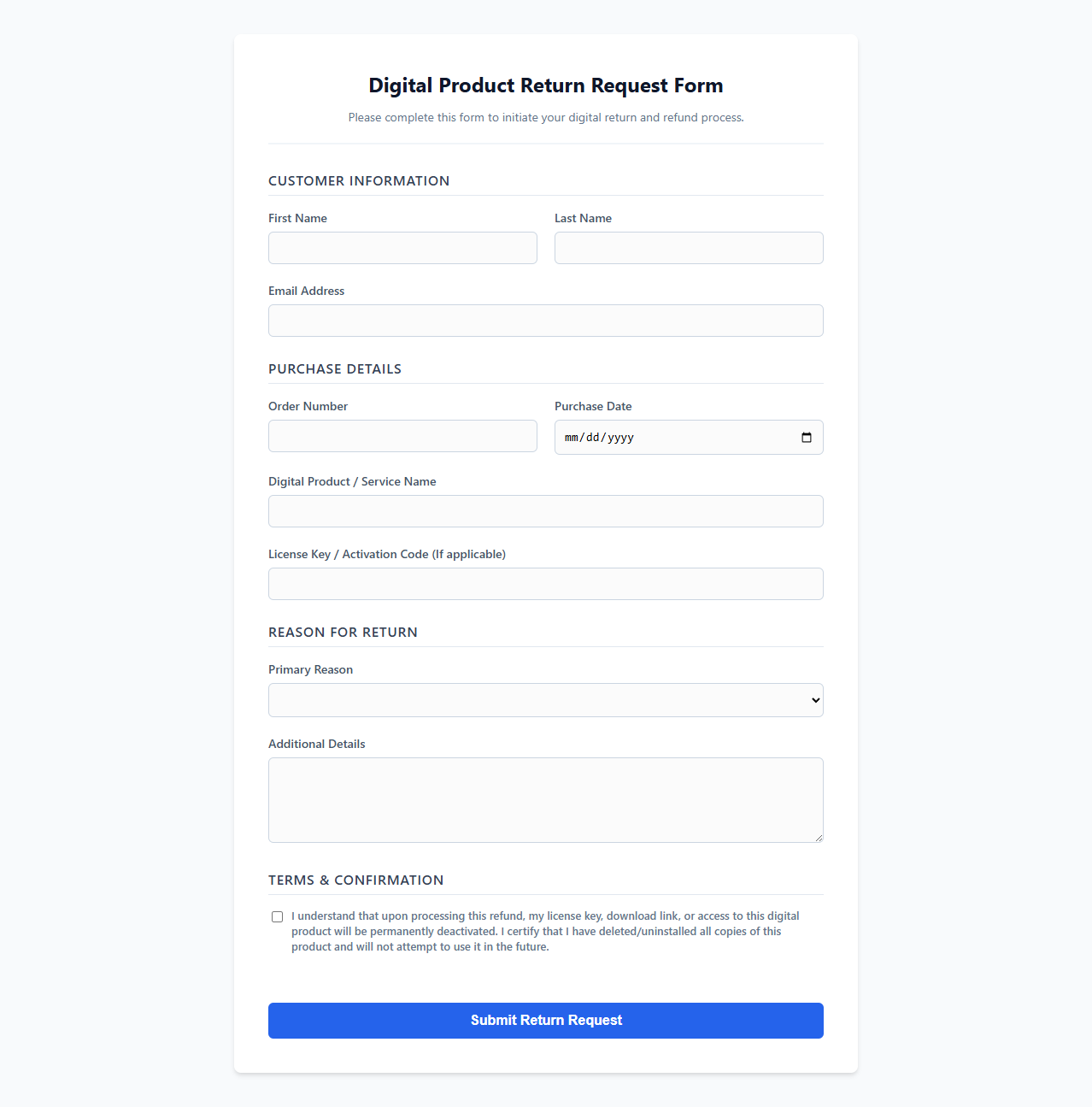 Digital Product Return Request Form