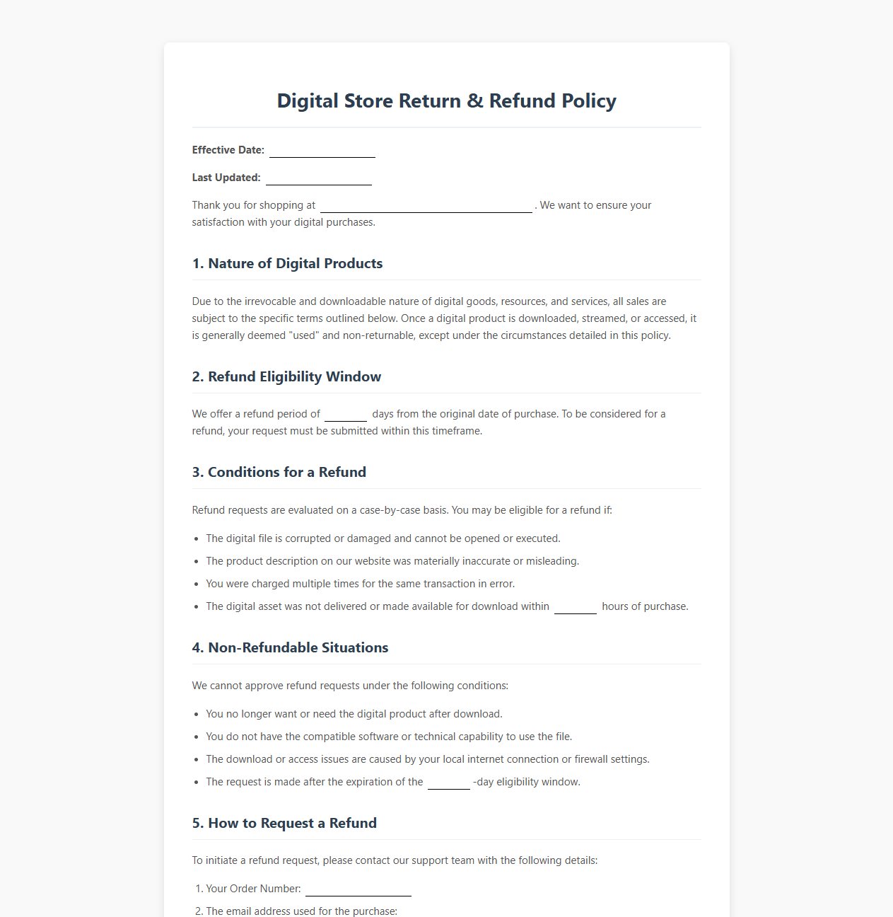 Digital Store Customer Return and Refund Policy Template