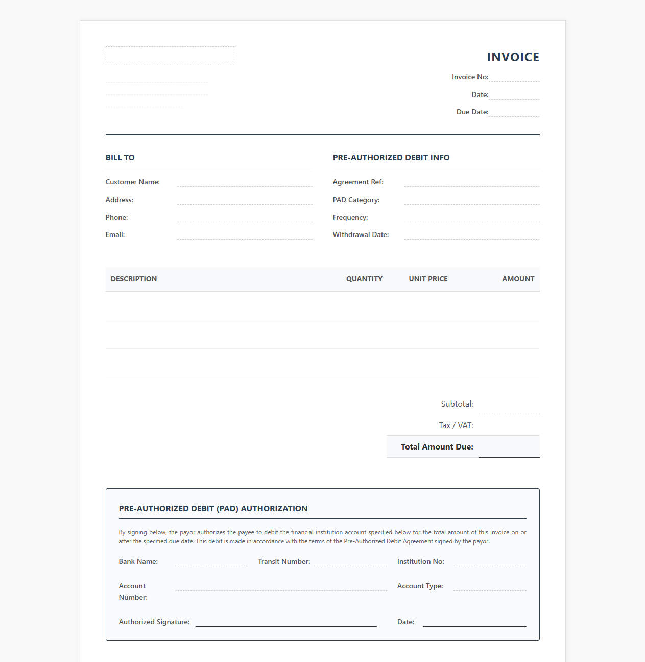 Direct Debit and Pre-Authorized Payment Invoice