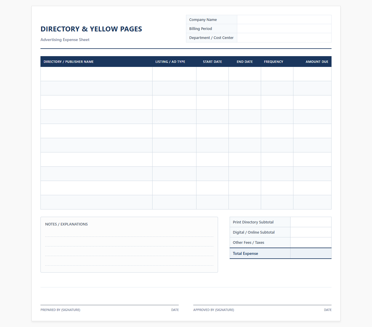 Directory and Yellow Pages Advertising Expense Sheet