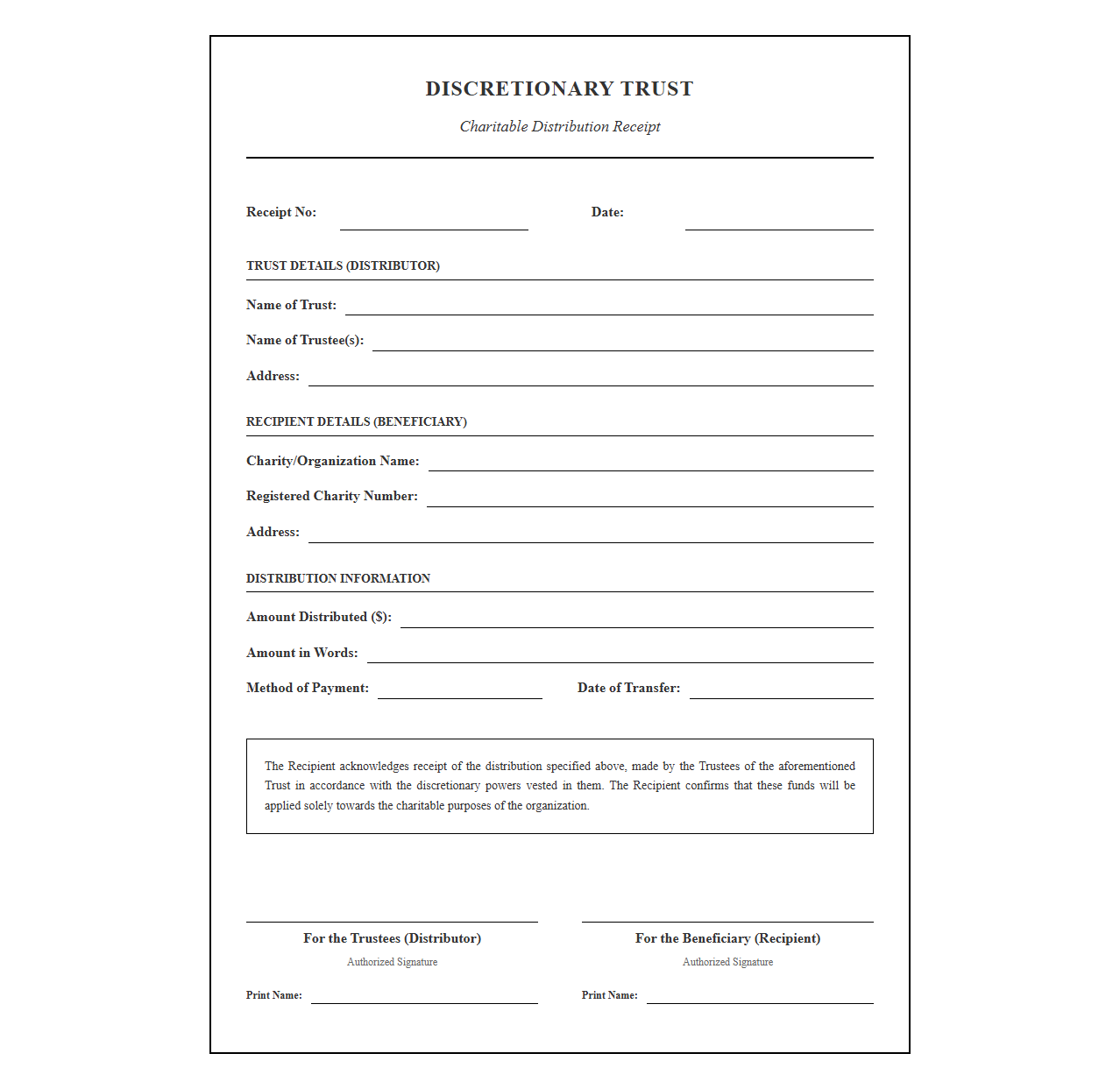 Discretionary Trust Charitable Distribution Receipt