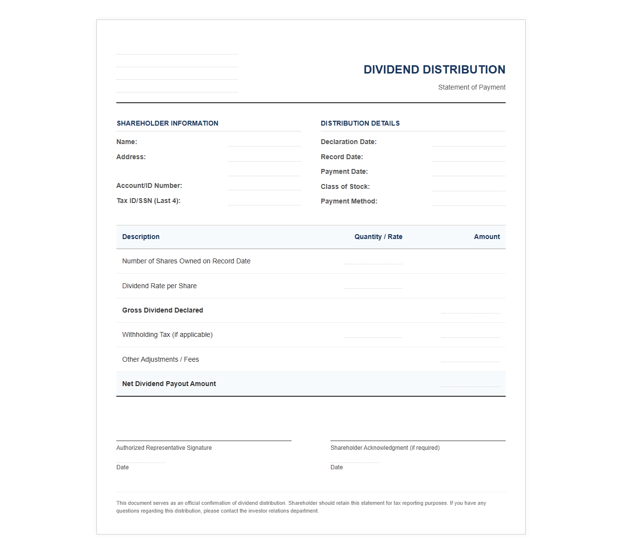 Dividend Payout Confirmation Document Template