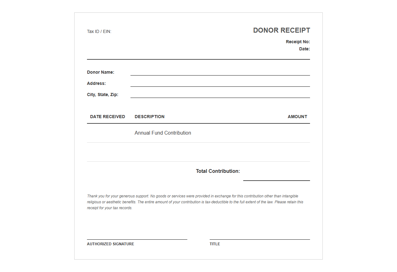 Donor Receipt Template for Annual Contributions