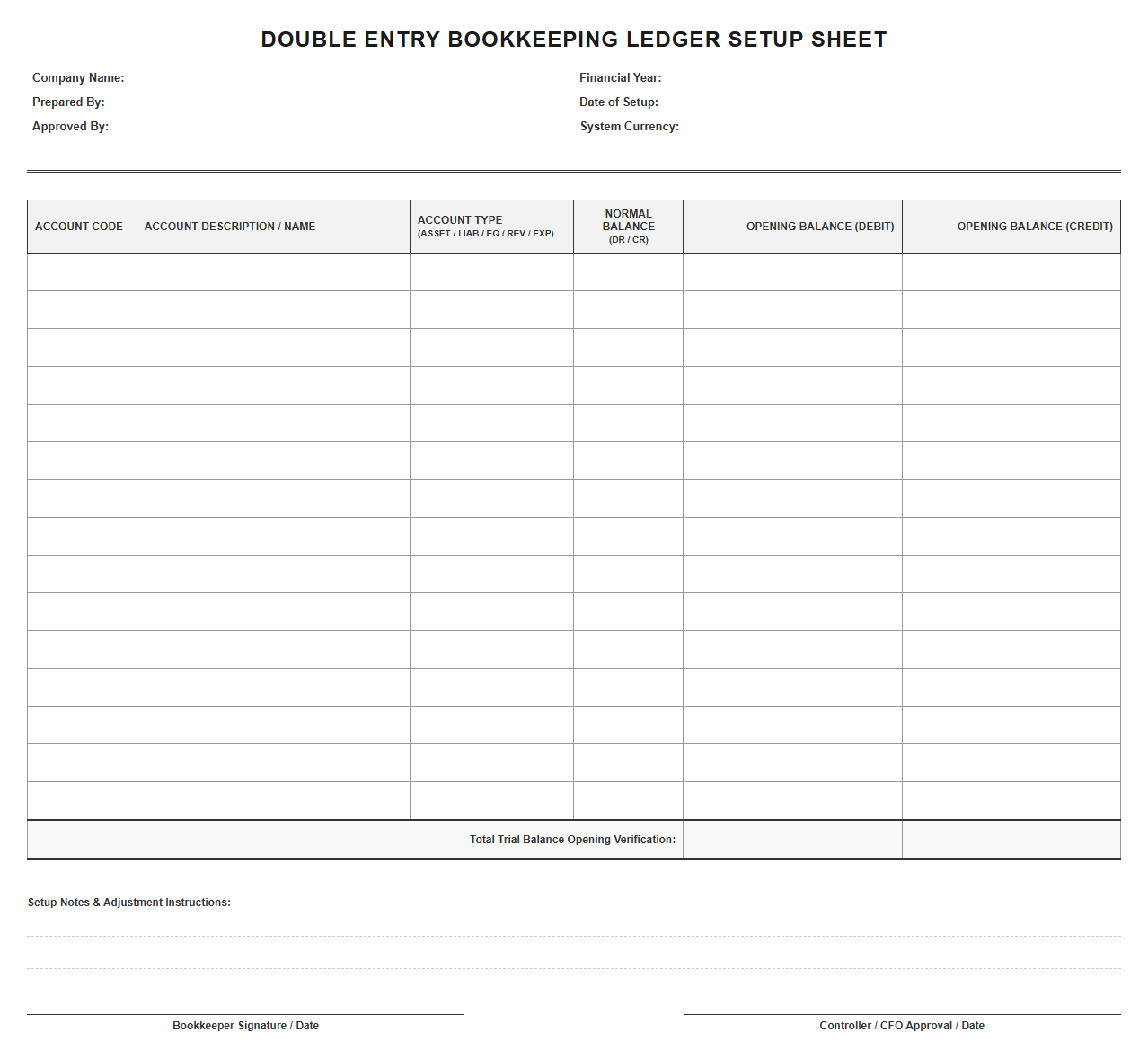 Double Entry Bookkeeping Ledger Setup Sheet