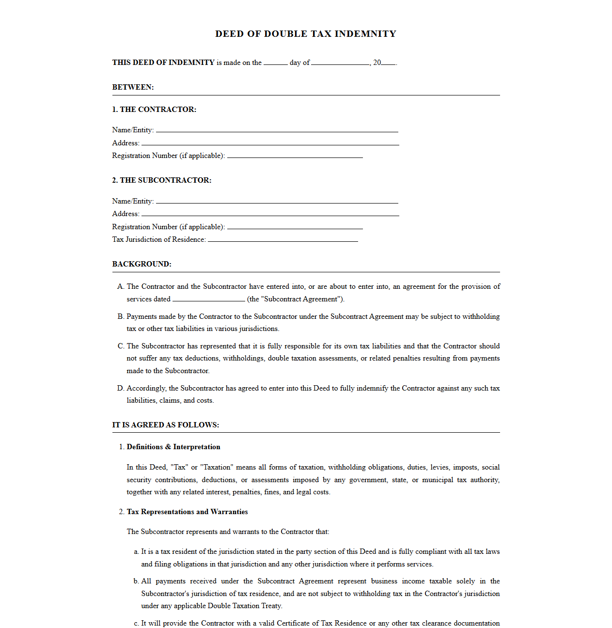 Double Tax Indemnification Deed for Subcontractors