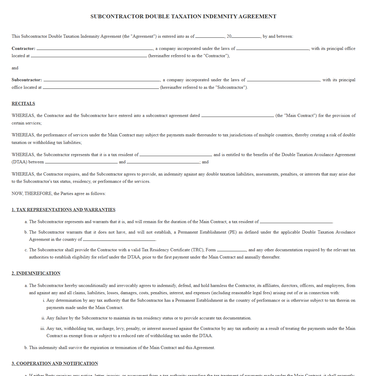 Double Taxation Indemnity Clause and Agreement Template