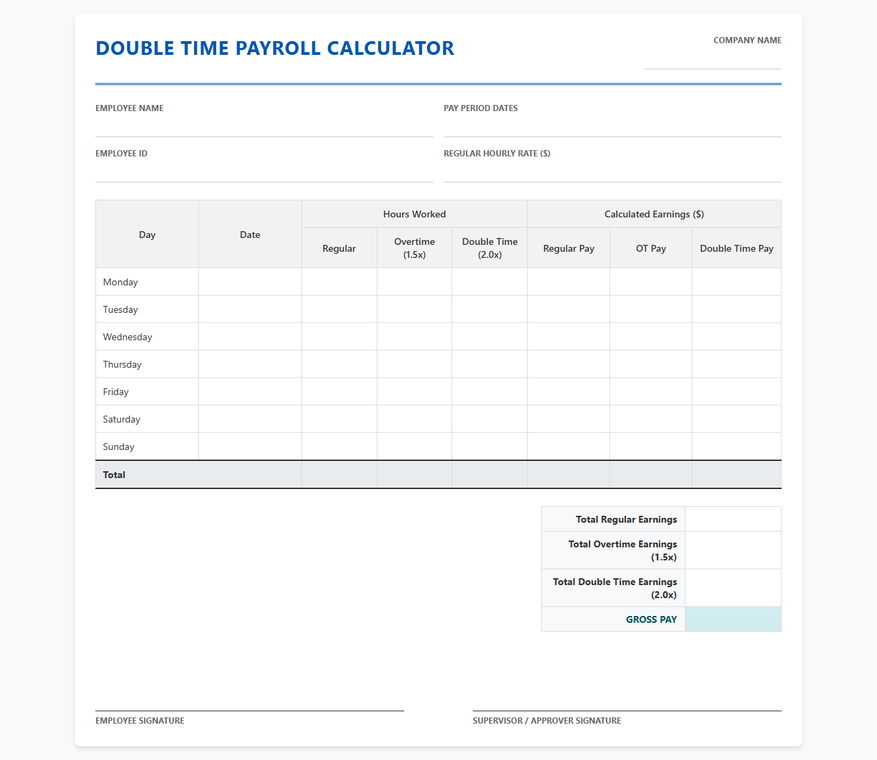 Double Time Payroll Calculator Template