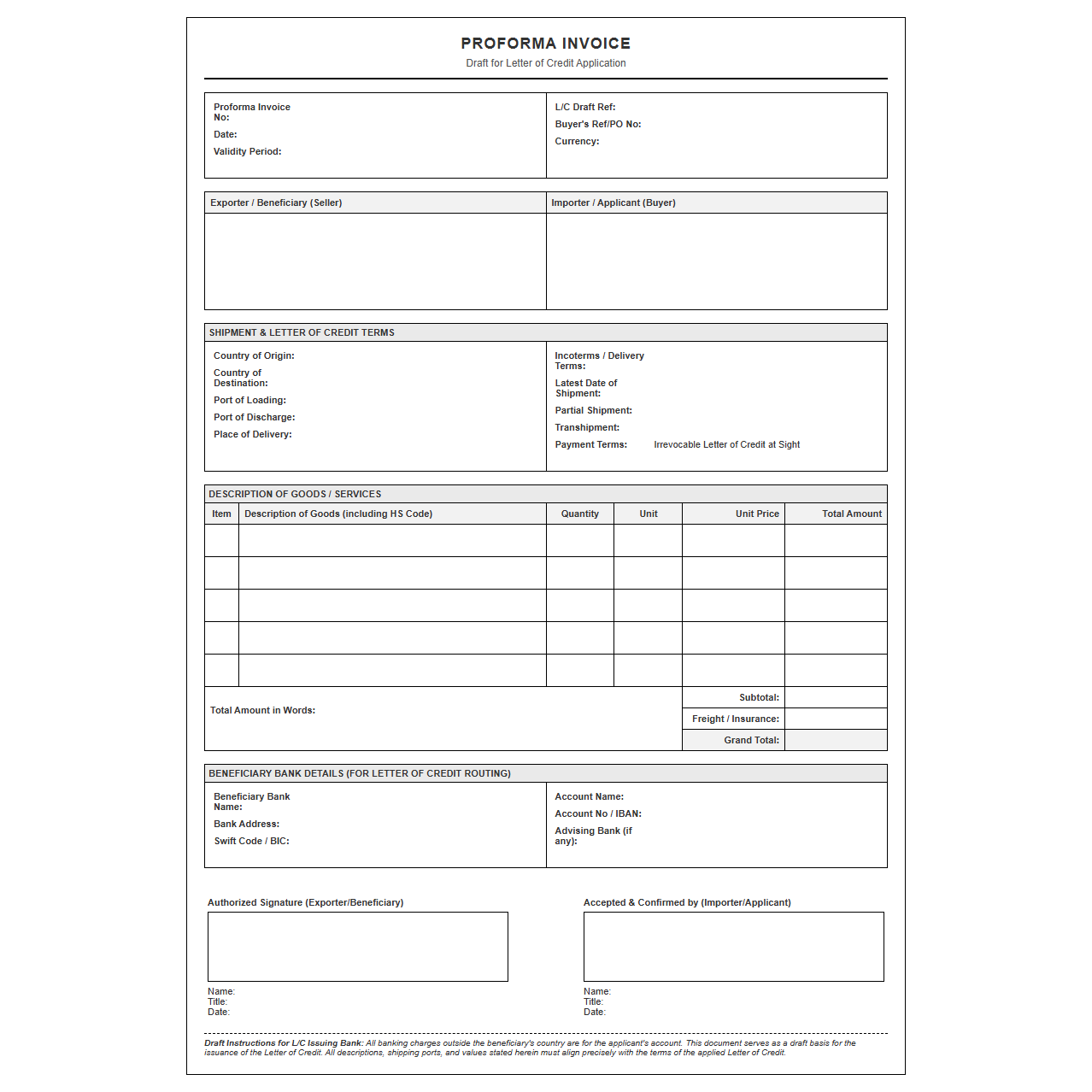 Draft Invoice for Letter of Credit Application
