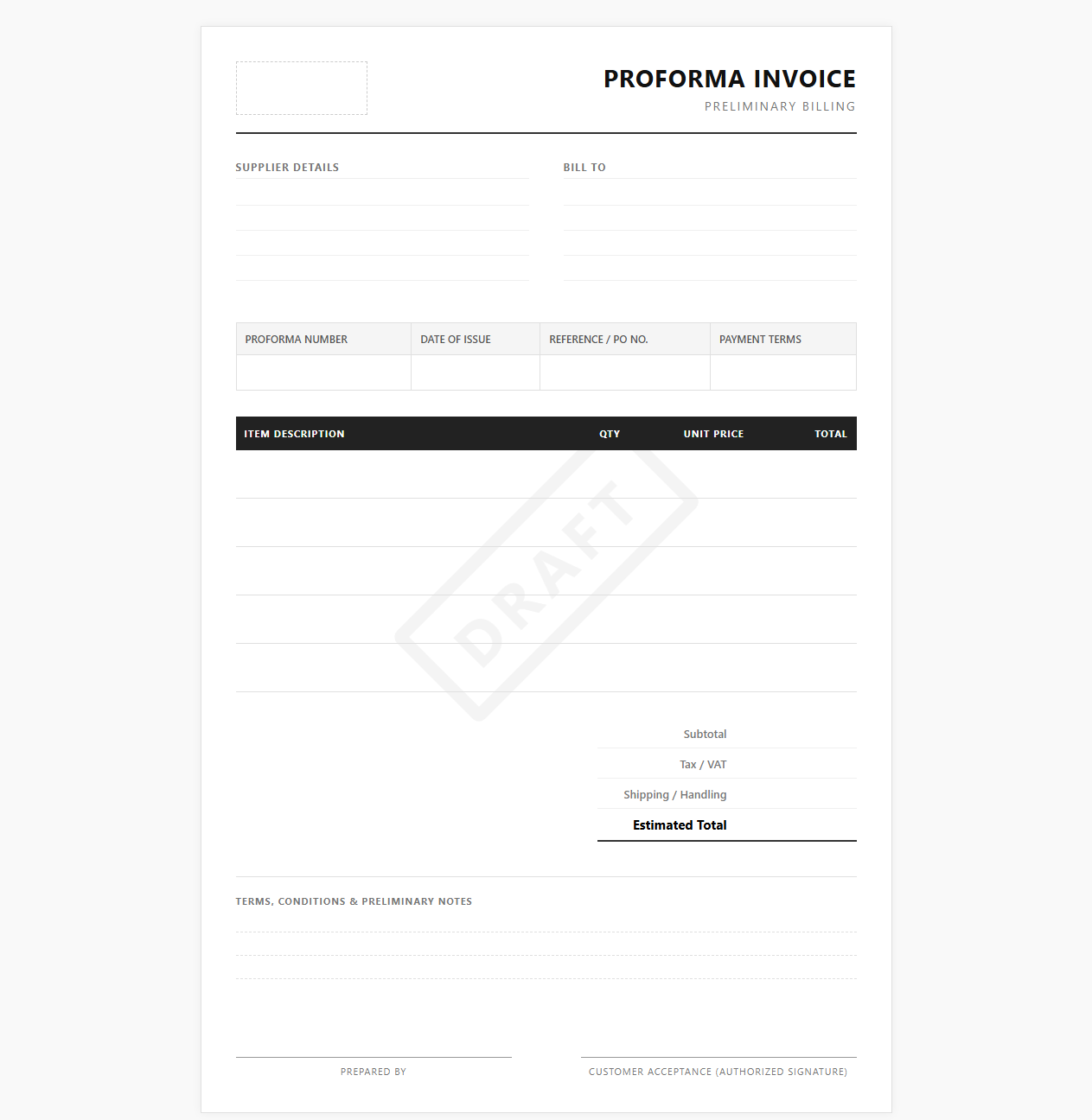Draft Proforma Billing Invoice Layout