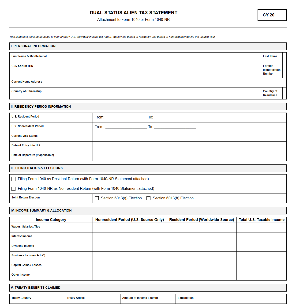 Dual-Status Alien Tax Return Template