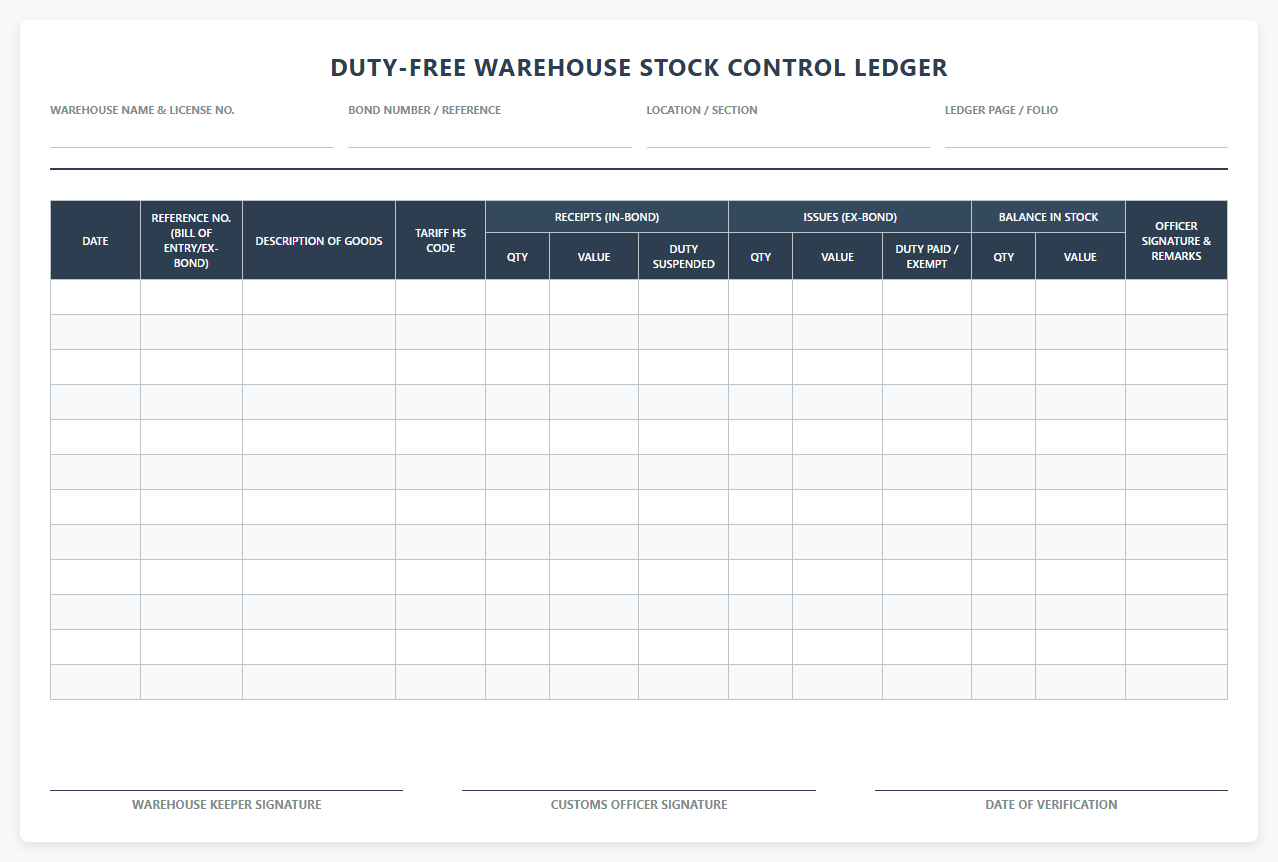 Duty-Free Warehouse Stock Control Ledger