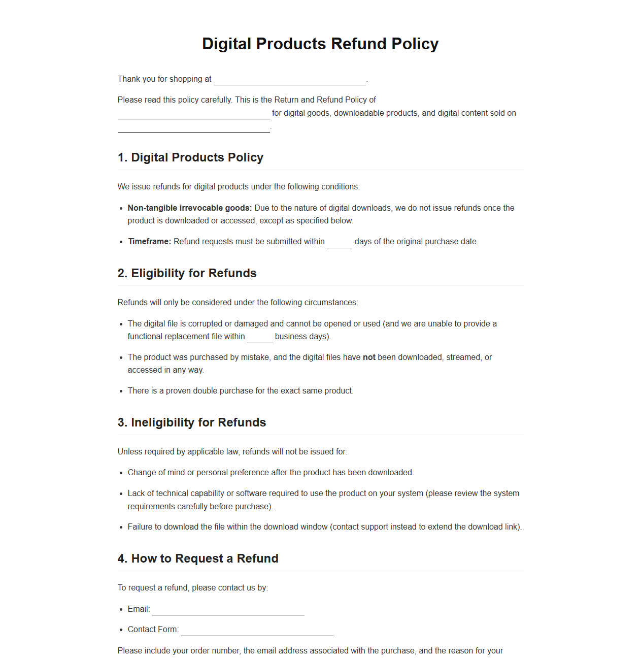 E-commerce Refund Policy Template for Downloads
