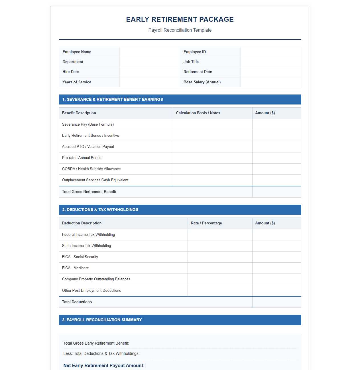 Early Retirement Package Payroll Reconciliation Template
