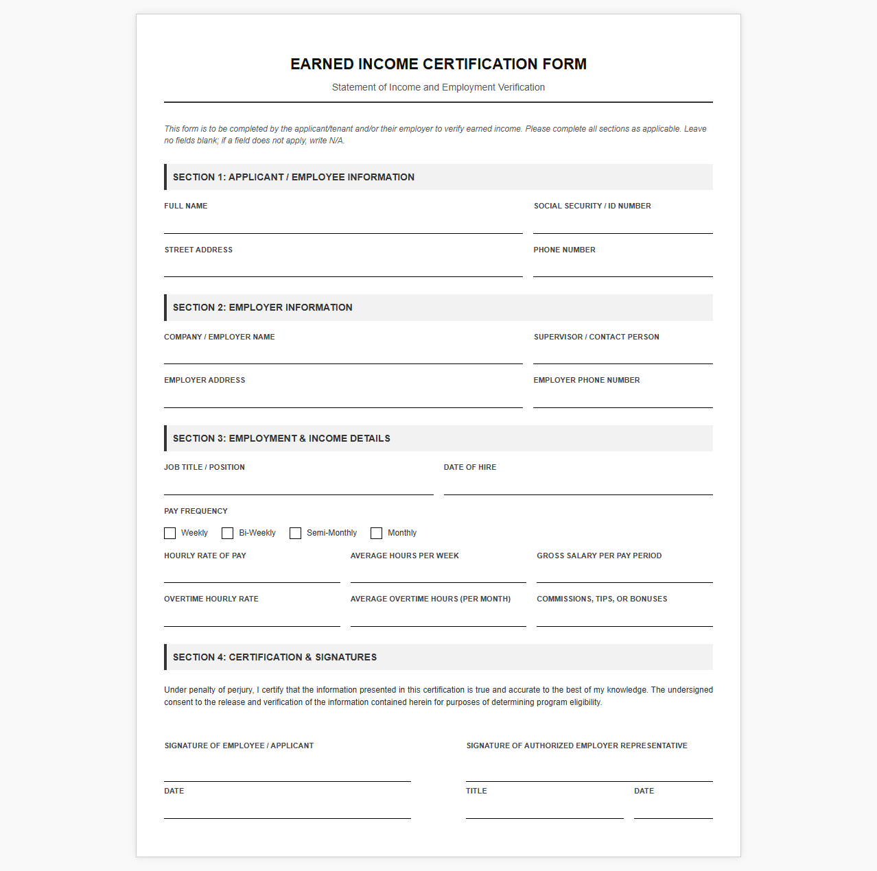 Earned Income Certification Form