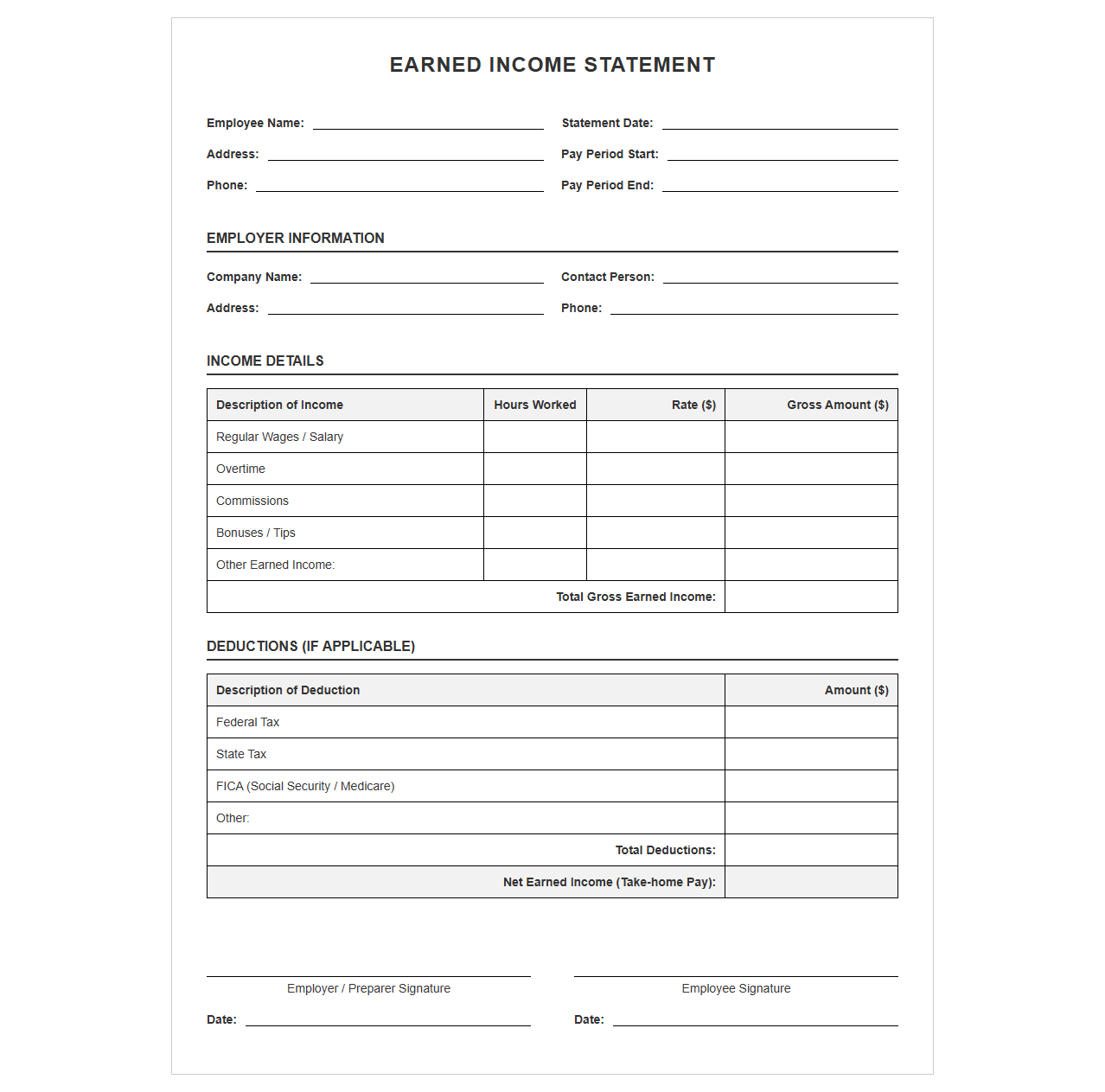 Earned Income Statement Template