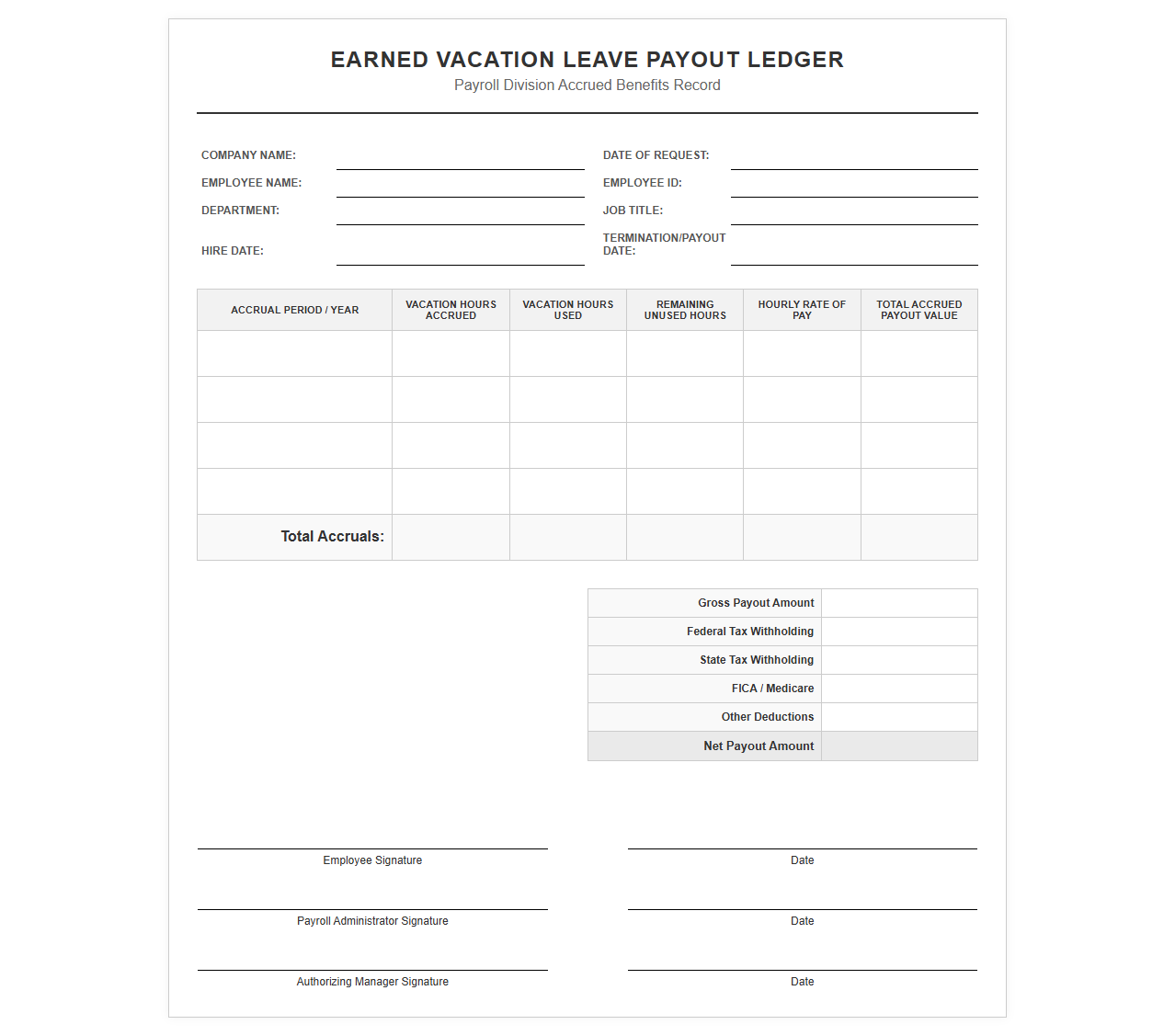 Earned Vacation Leave Payout Ledger