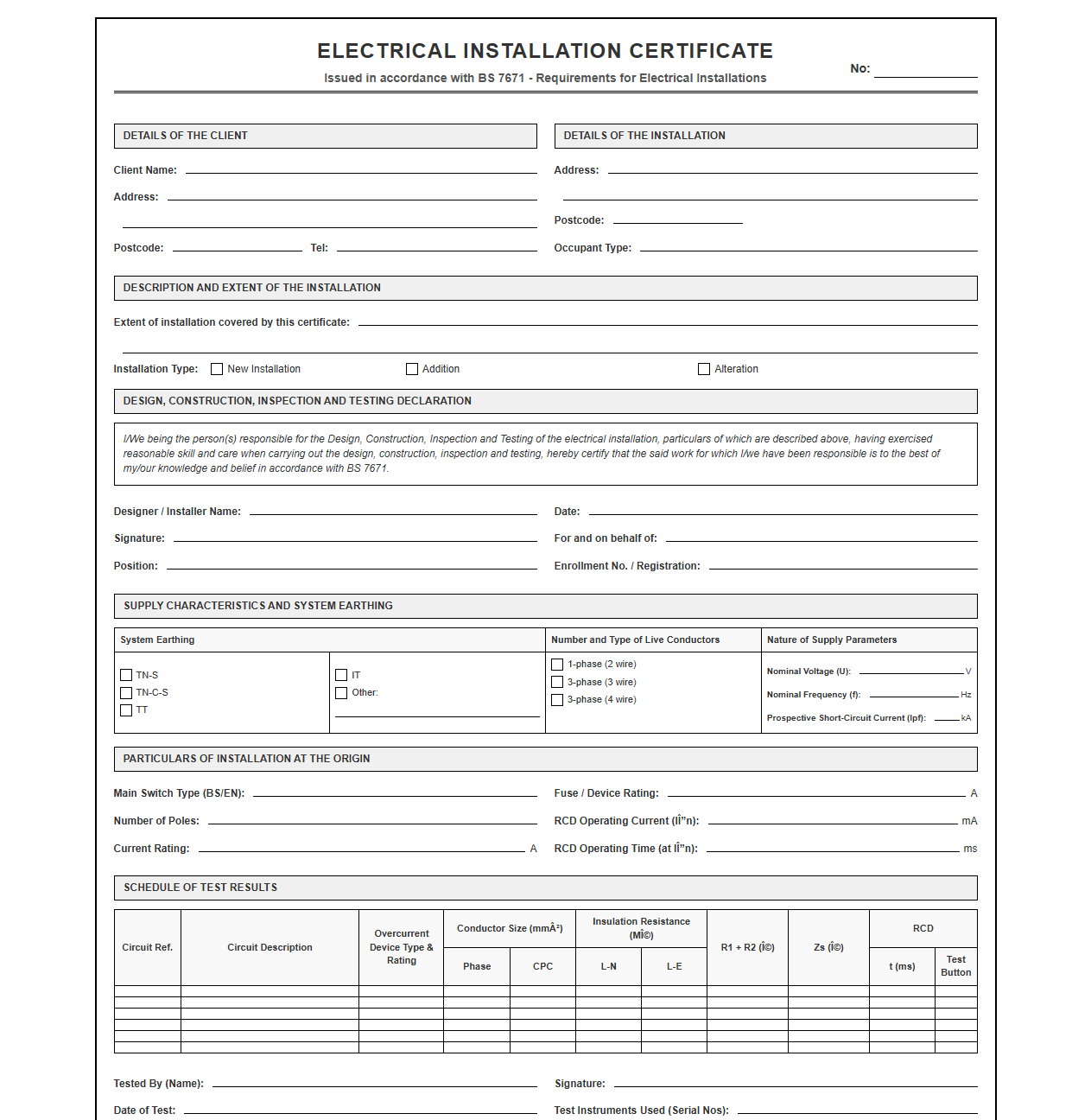 Electrical installation certificate template