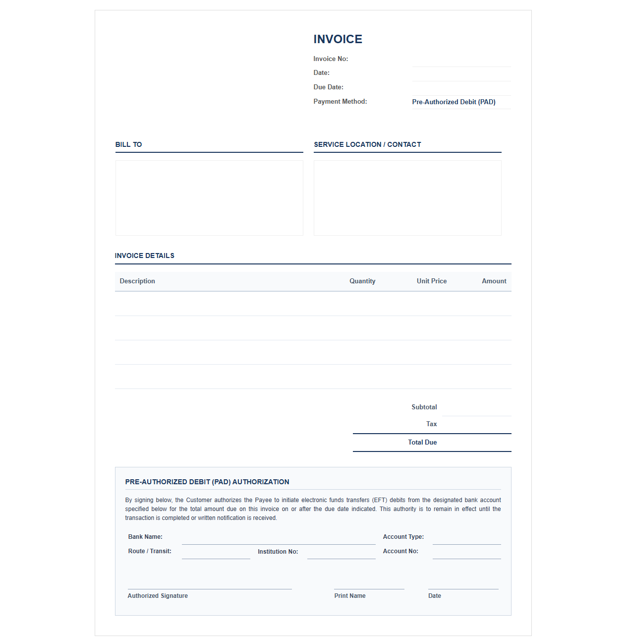 Electronic Funds Transfer and PAD Invoice Template