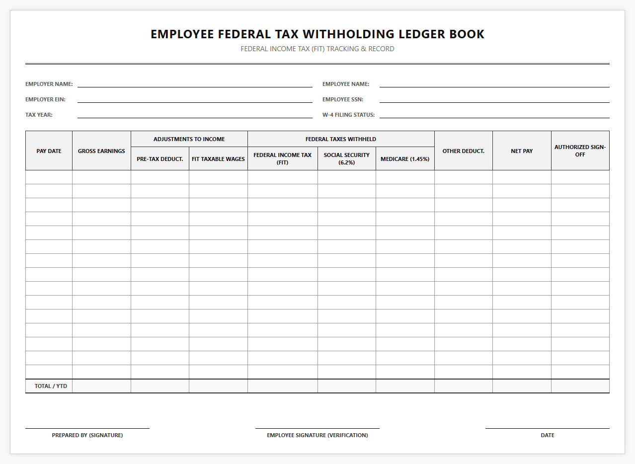 Employee Federal Tax Withholding Ledger Book