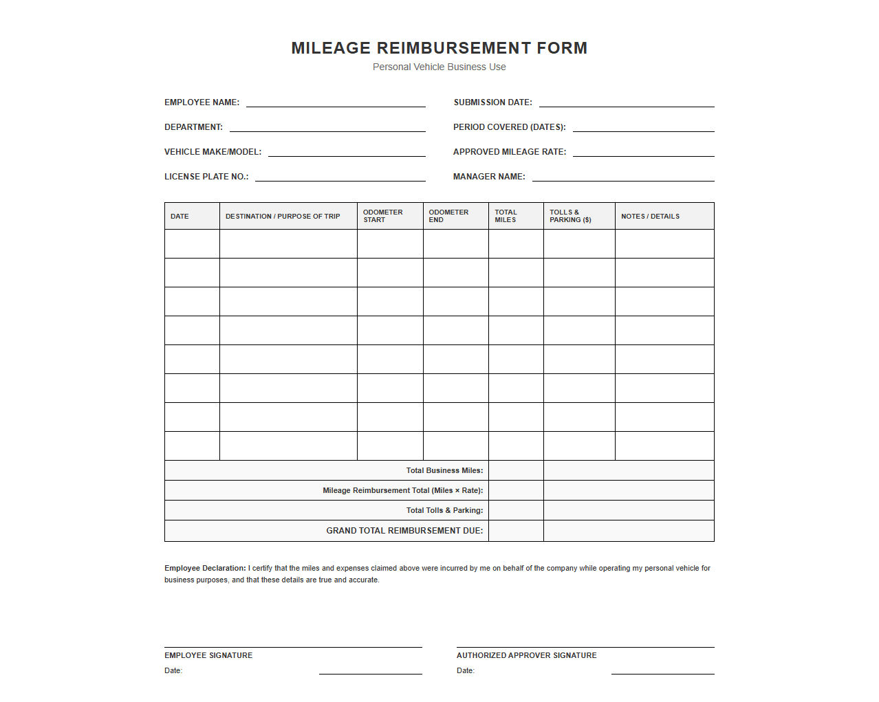Employee Personal Car Business Reimbursement Template