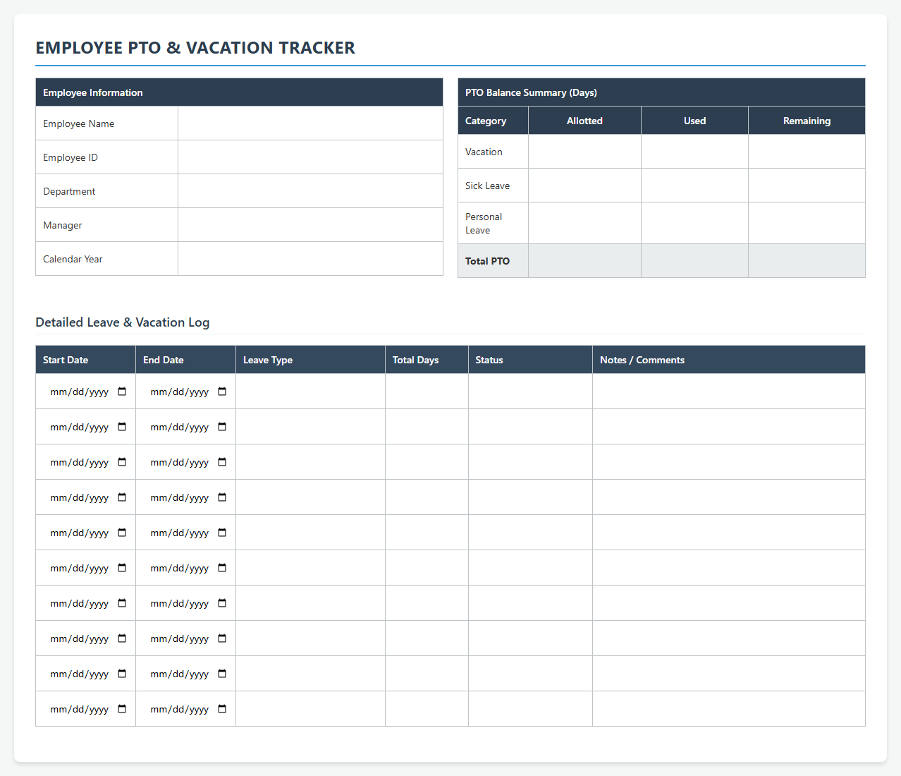 Employee PTO and Vacation Tracker Spreadsheet