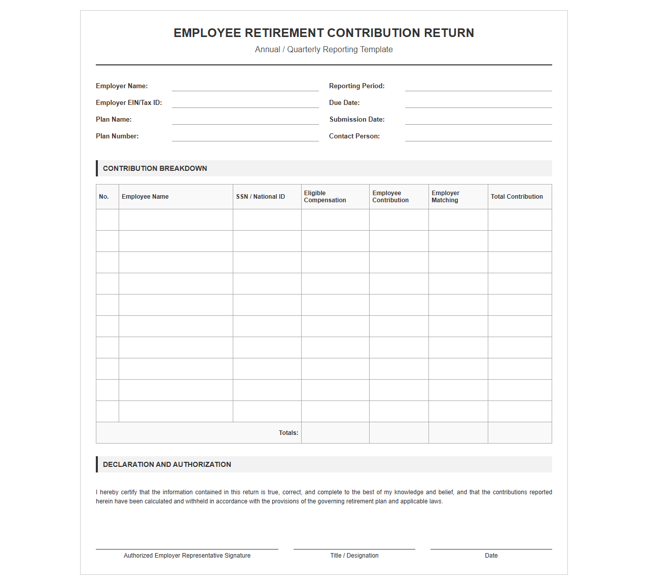 Employee Retirement Contribution Return Template