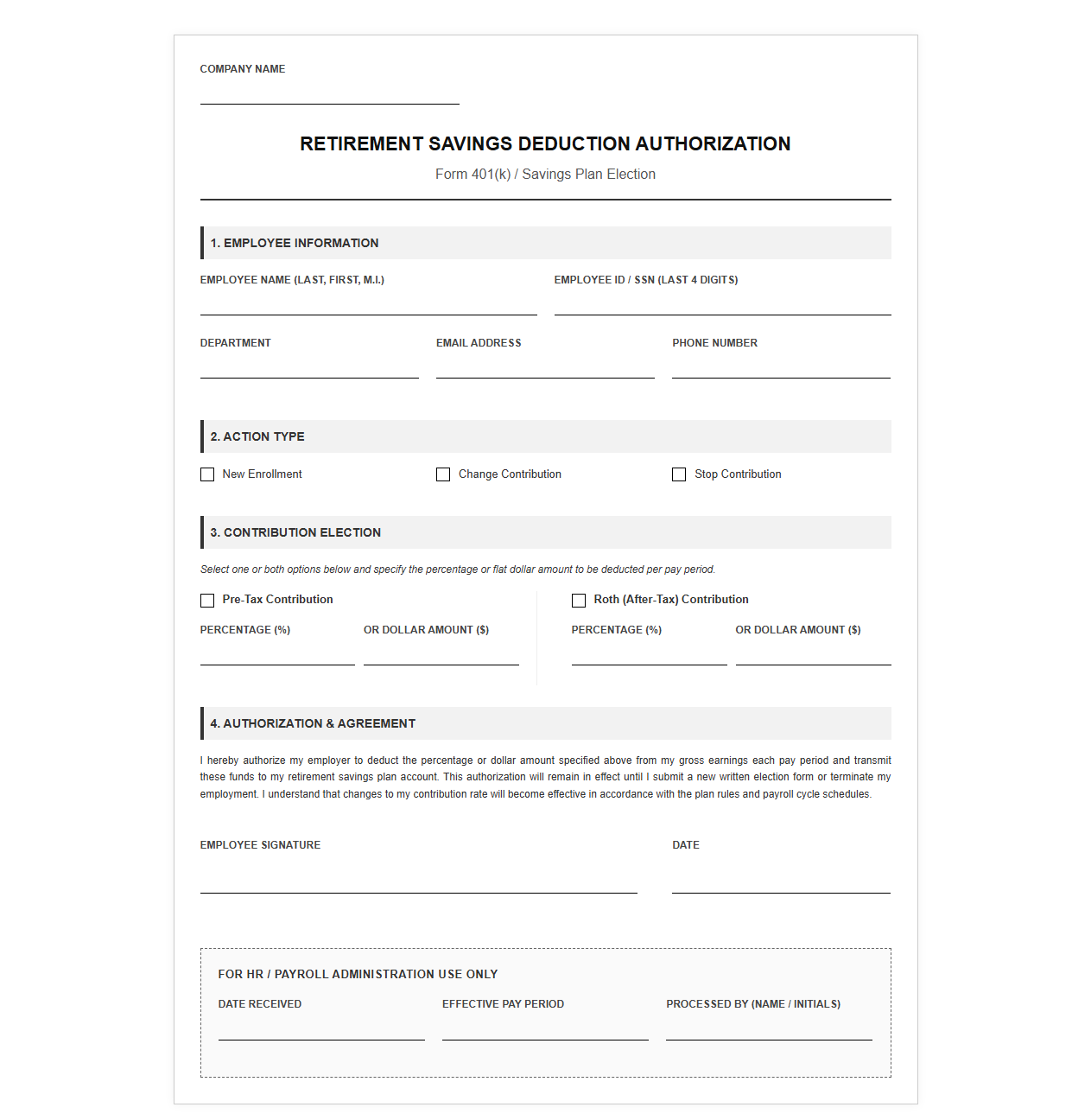 Employee Retirement Savings Deduction Authorization