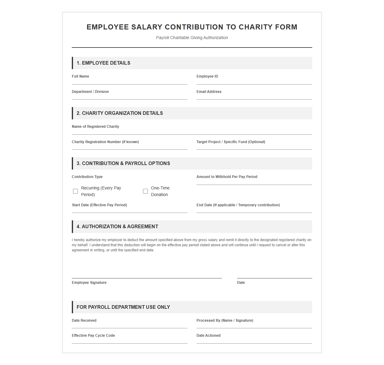 Employee Salary Contribution to Charity Form