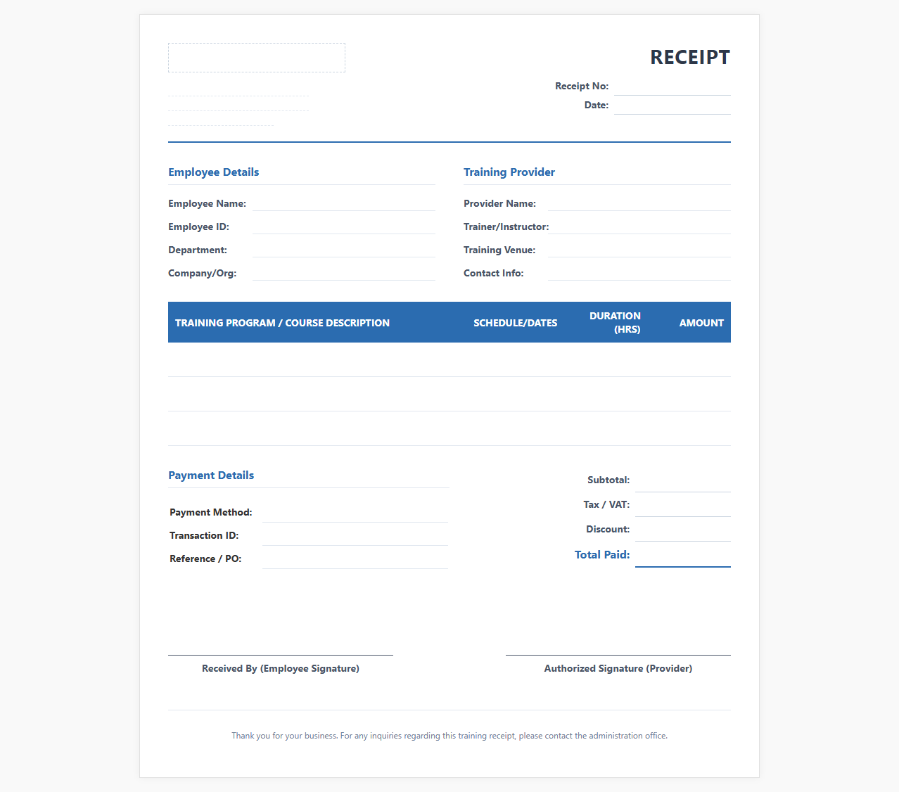 Employee Skills Training Payment Receipt