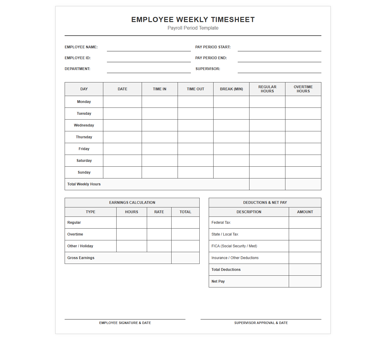 Employee Weekly Timesheet and Payroll Template