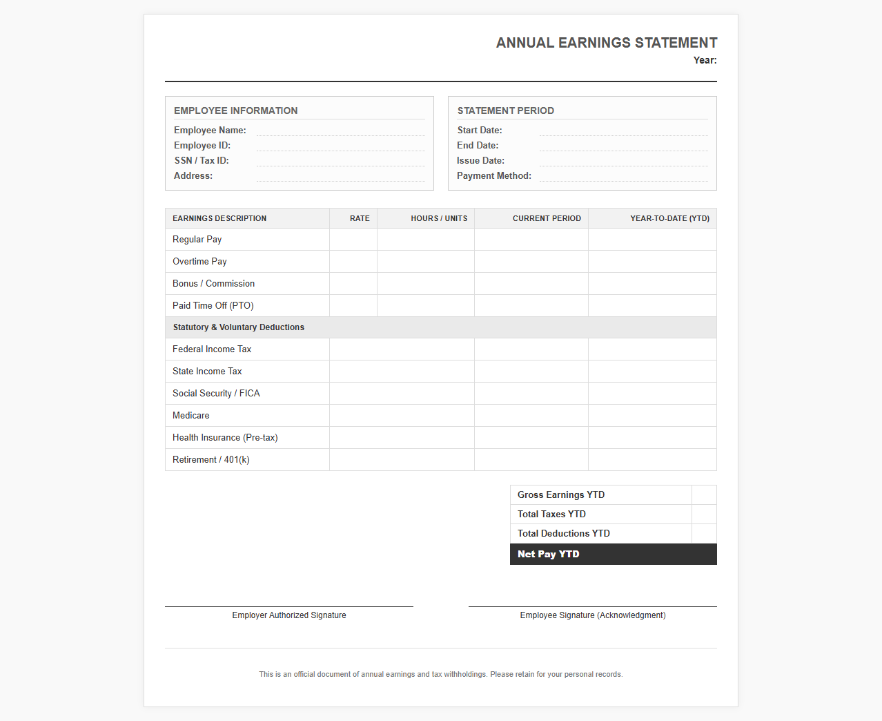 Employee Year-End Earnings Statement Template