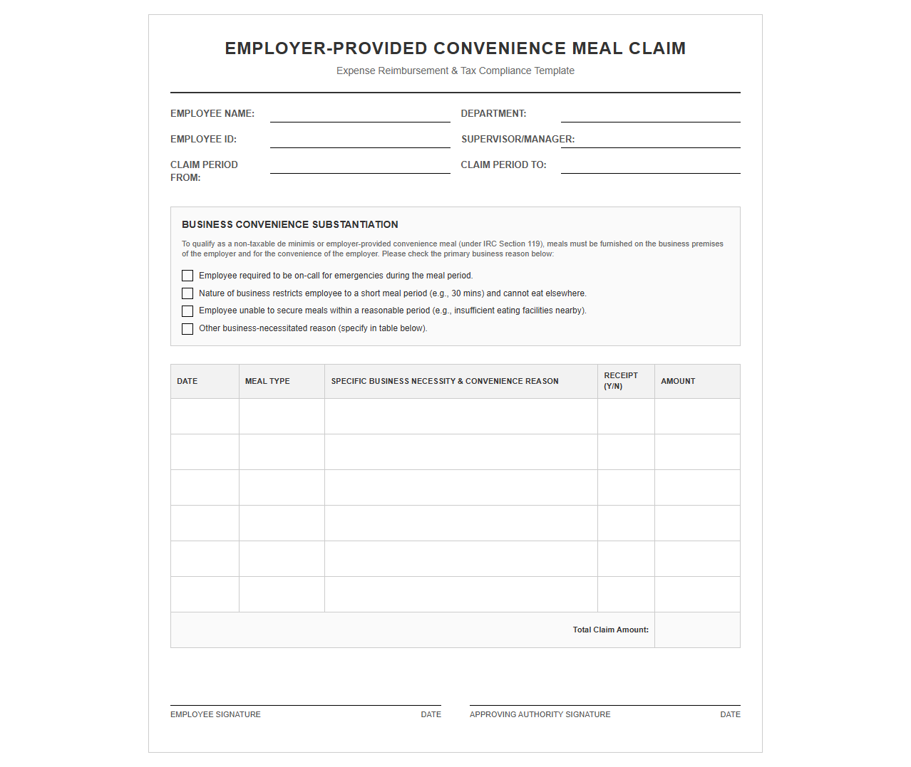 Employer Business Convenience Meal Claim Template