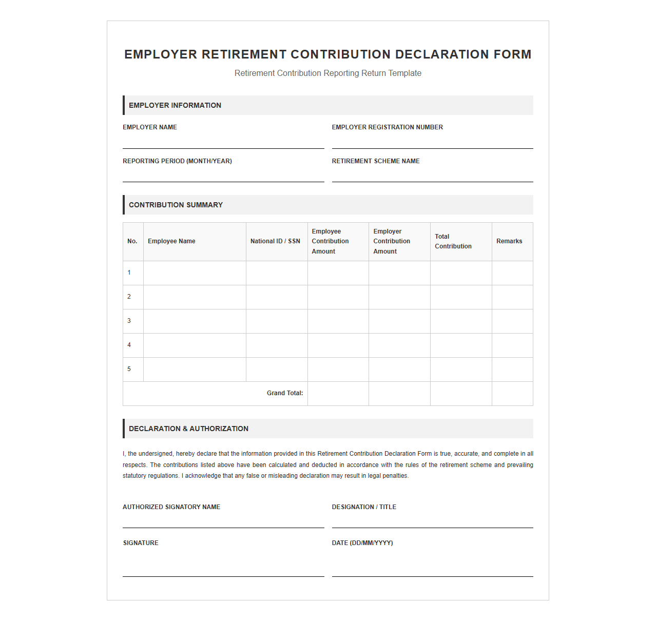 Employer Retirement Contribution Declaration Form