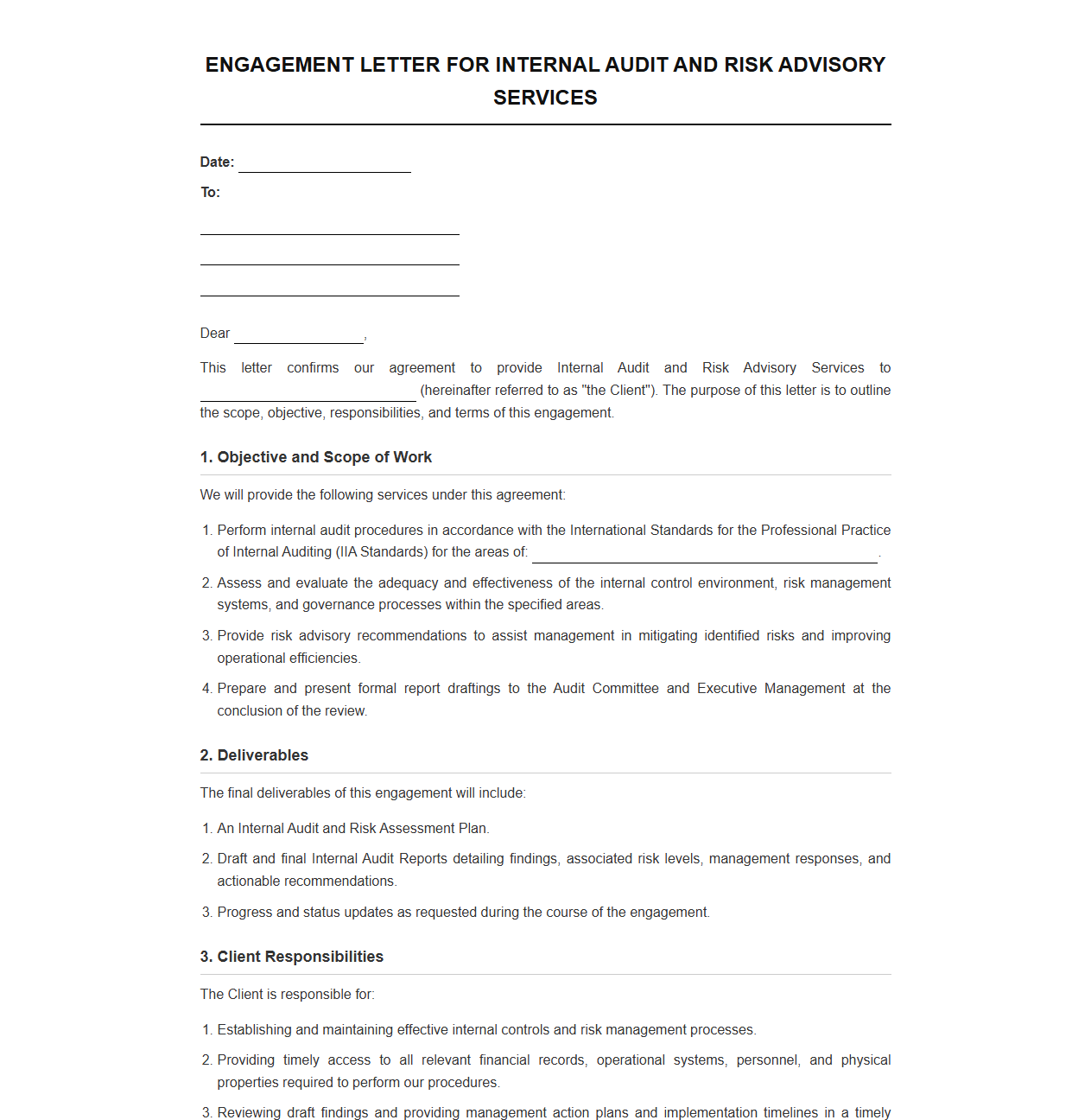 Engagement Letter Template for Internal Audit and Risk Advisory