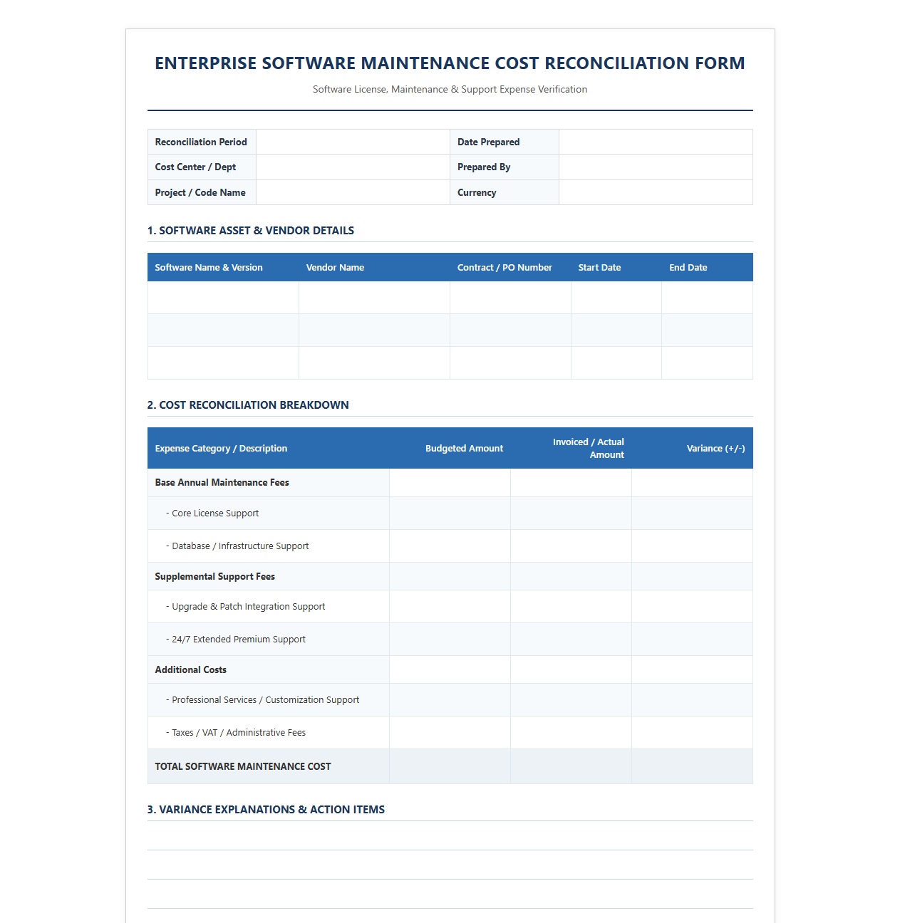 Enterprise Software Maintenance Cost Reconciliation Form
