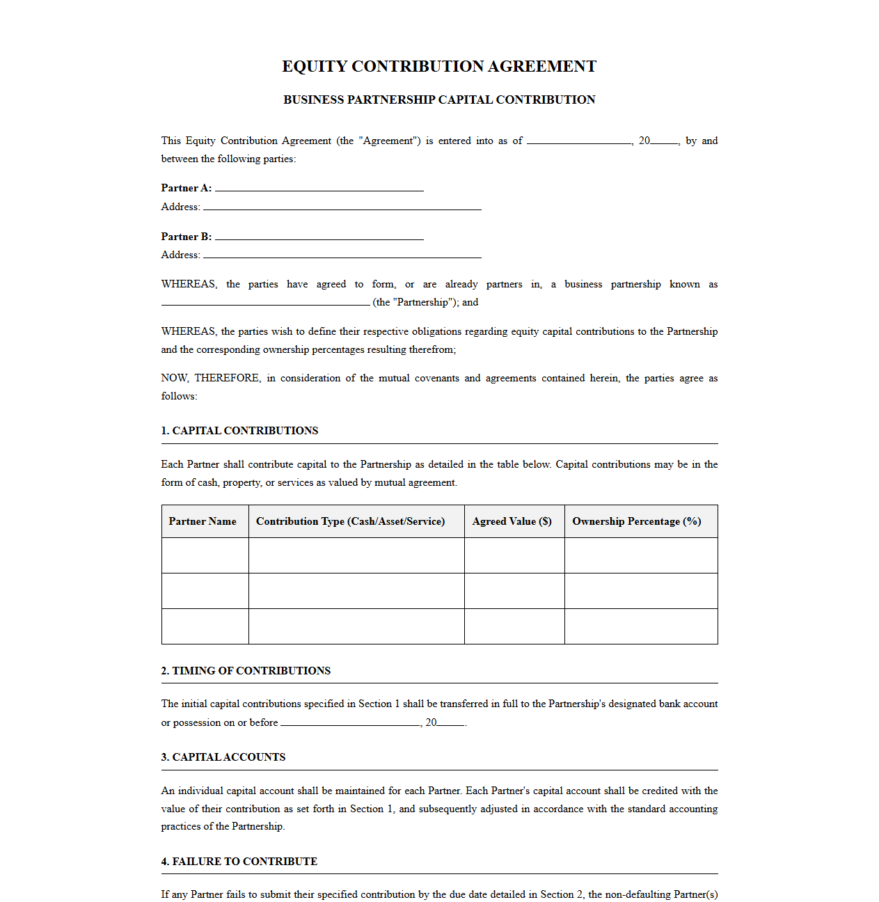 Equity Contribution Agreement for Business Partnerships