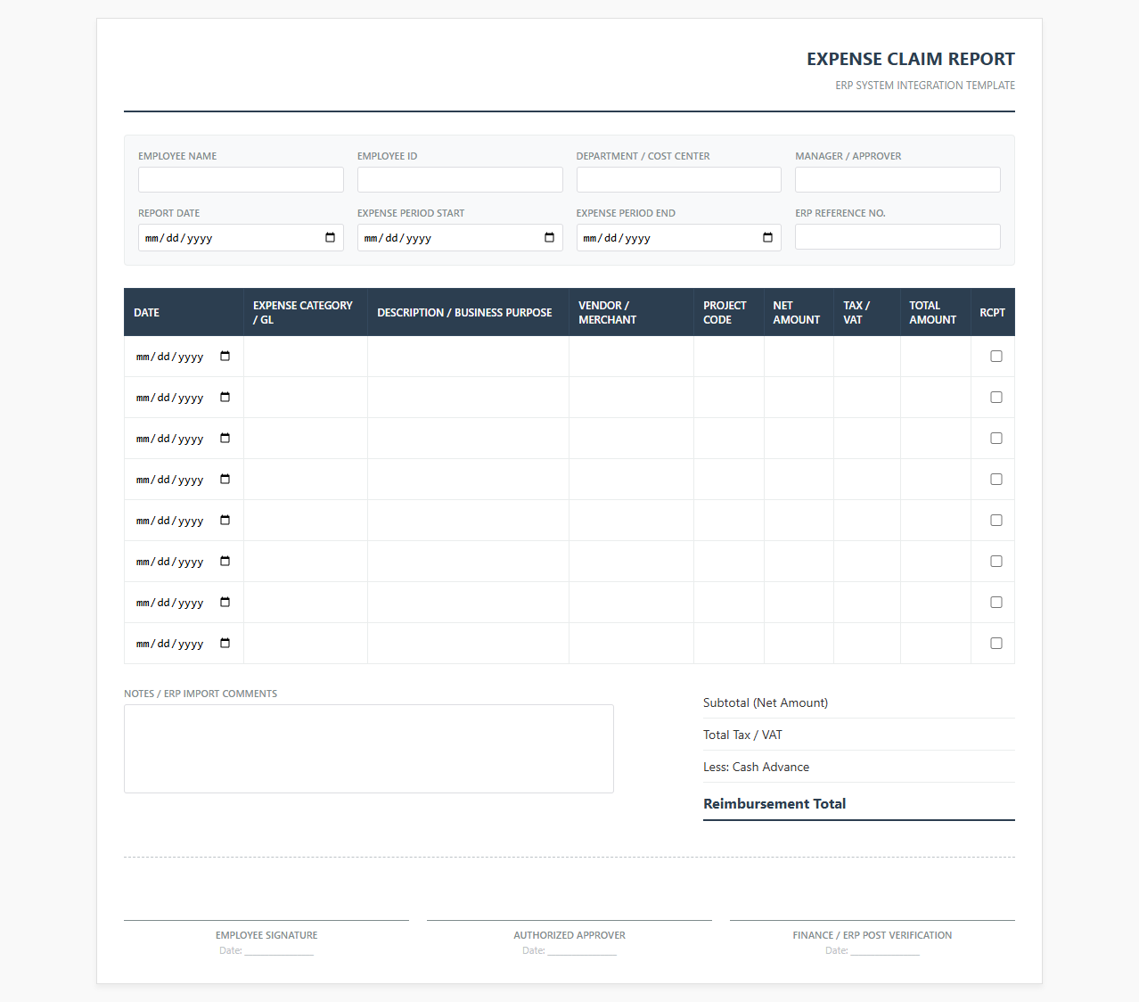 ERP Compatible Employee Expense Template