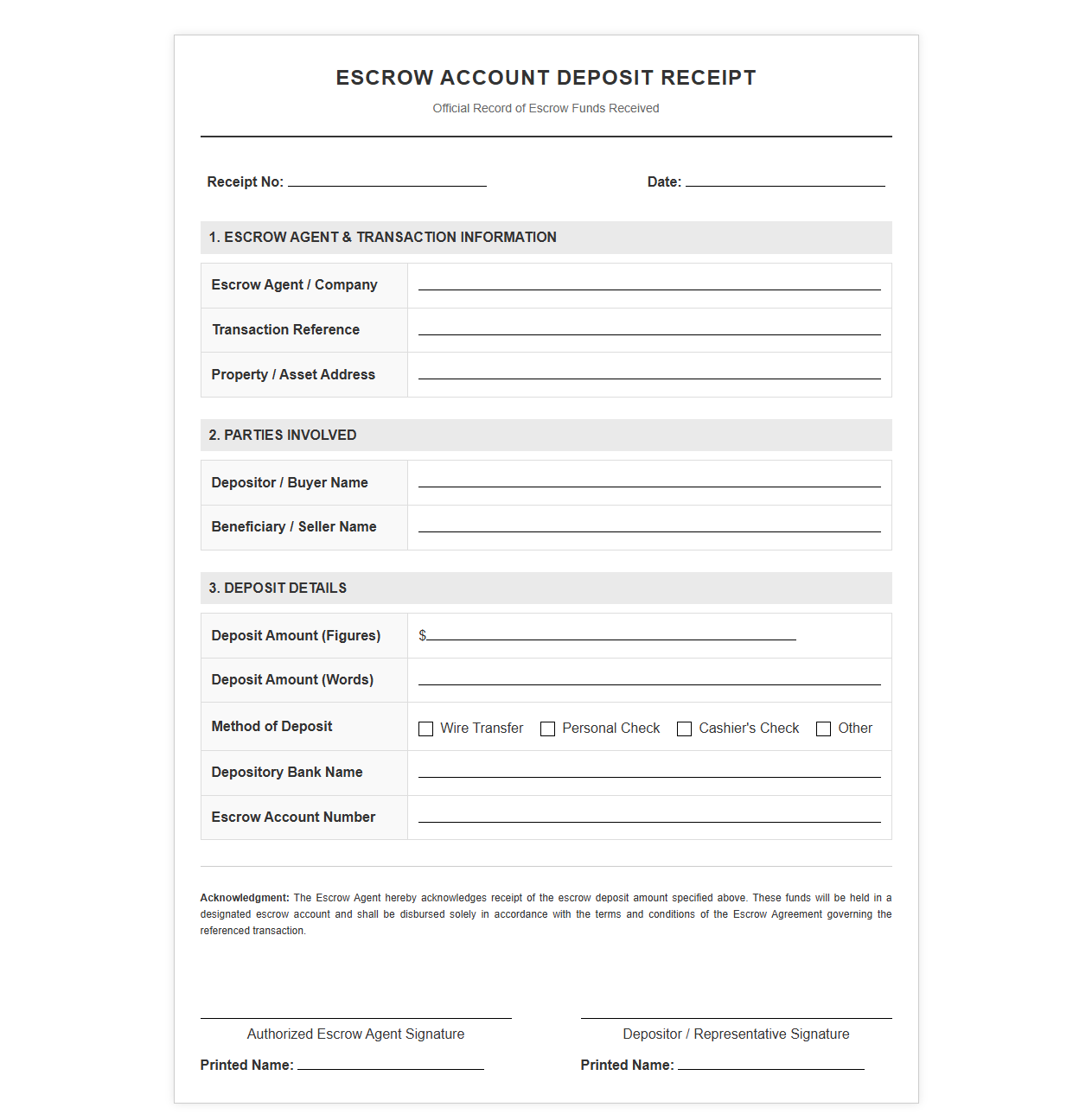 Escrow Account Deposit Receipt Form