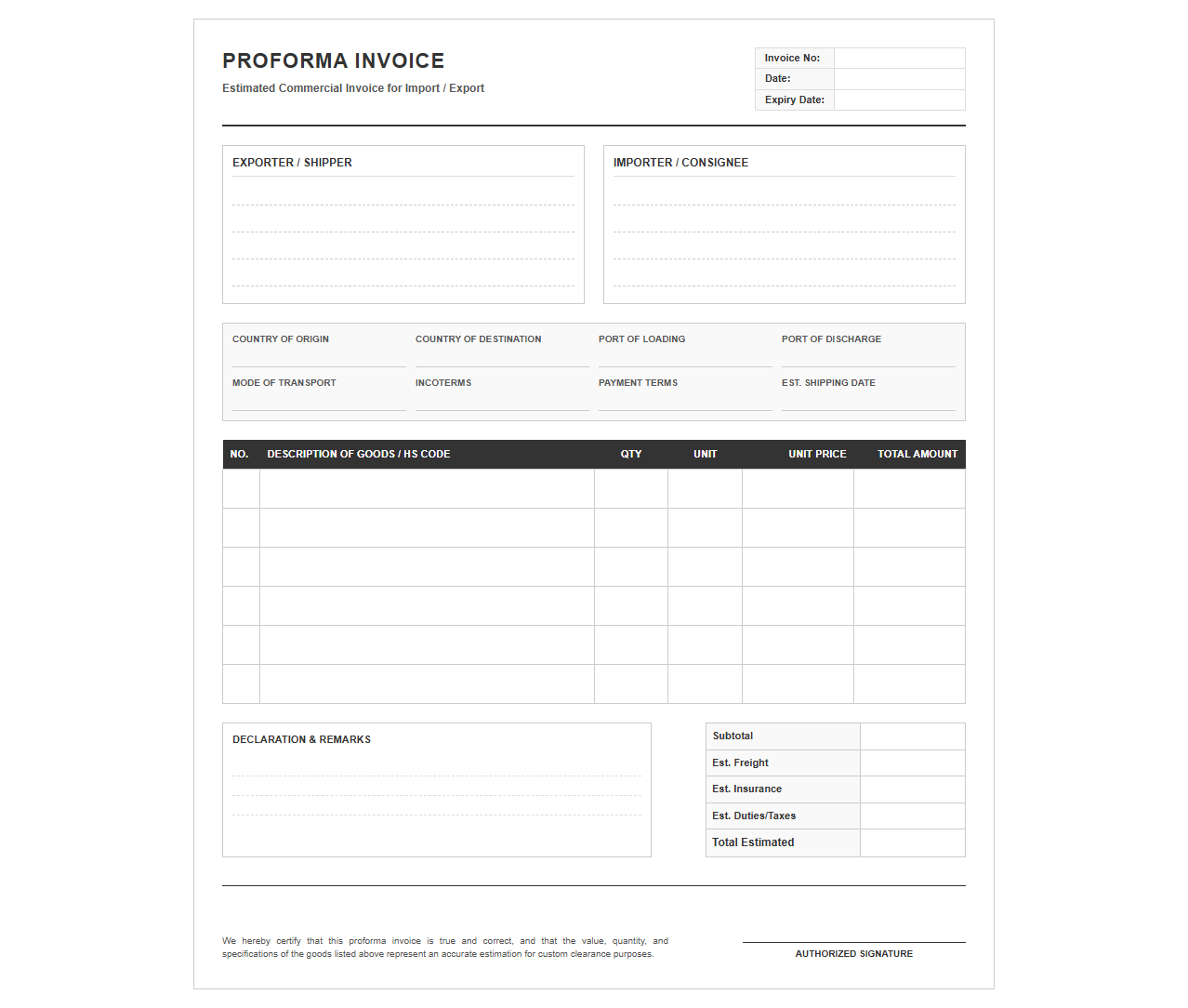 Estimated Commercial Invoice Template for Import Export