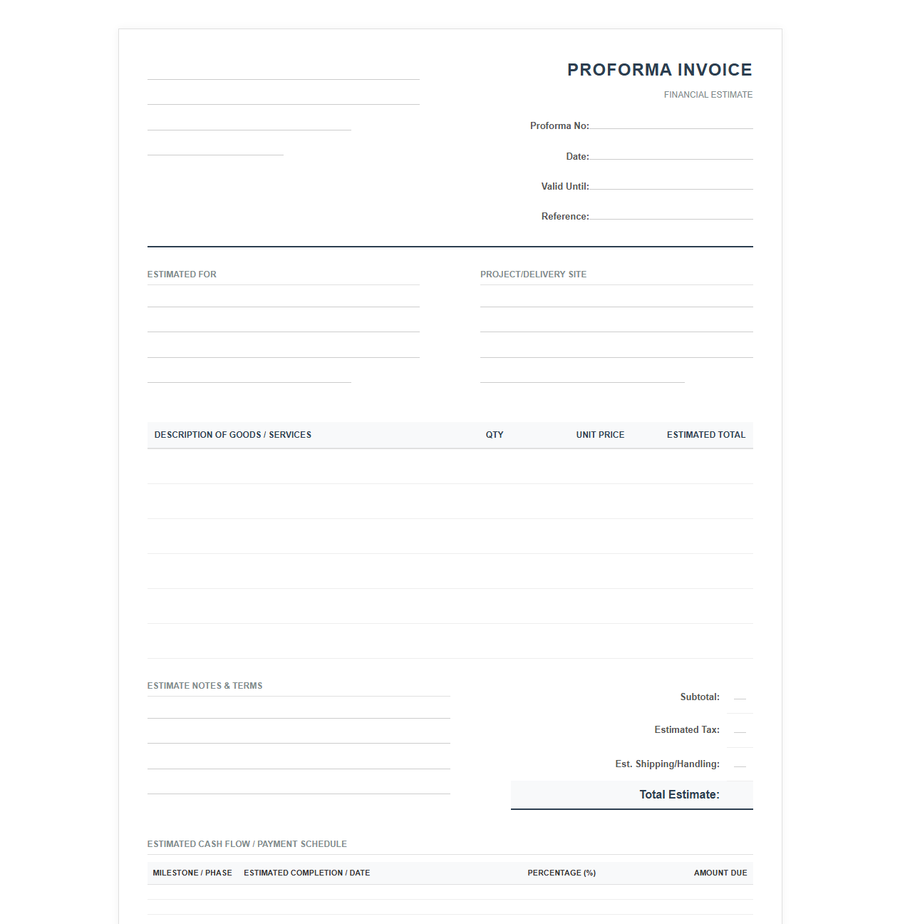 Estimated Financial Statement and Proforma Invoice Template