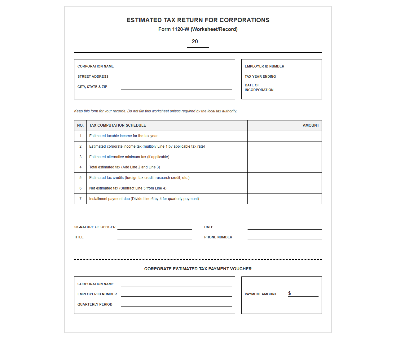 Estimated Tax Return Template for Corporations