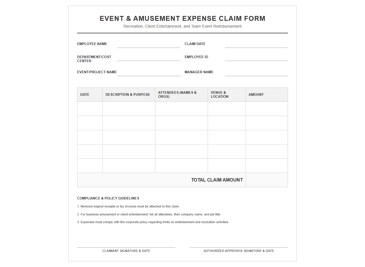 Event and Amusement Expense Claim Form