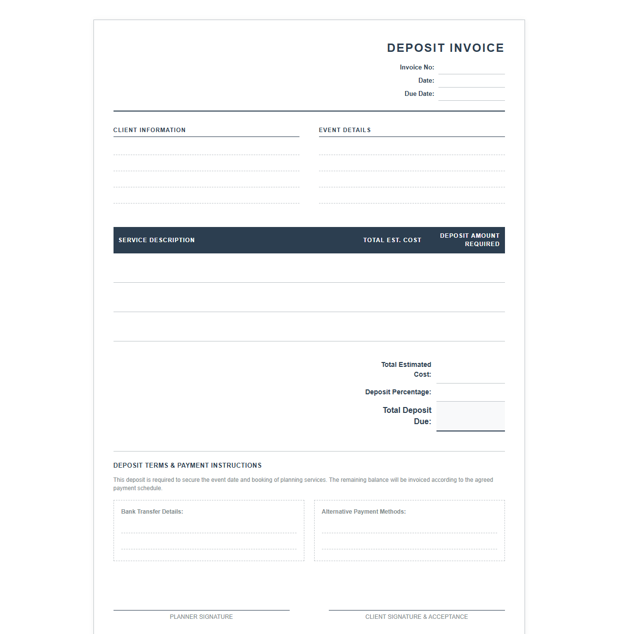 Event Planning Deposit Invoice Template