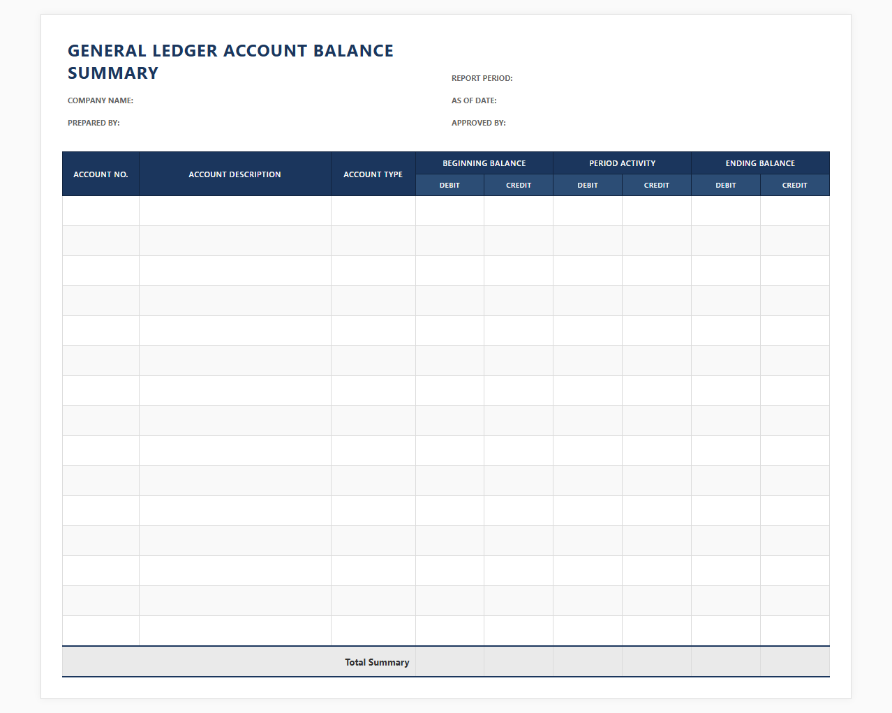 Excel General Ledger Account Balance Summary